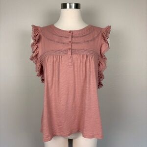 Loft Lace‎ Trim Ruffle Henley Top Blush Pink Cotton Size L Lightweight Summery